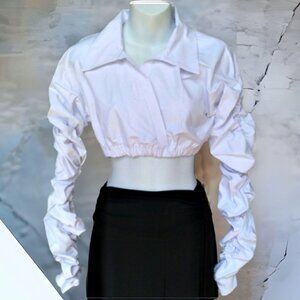 PrettyLittleThing Ruched Long Sleeve Crop Top White Women's Size 6